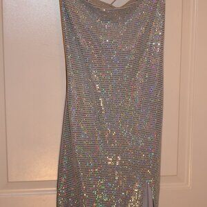 Dressalisa women's blue glittery fabric V-neck gown.